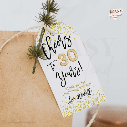 Editable 30th Birthday Gift Tags • Cheers to 30 Years Party Ideas • Gold Confetti Printable Gift Tags - #TMC17