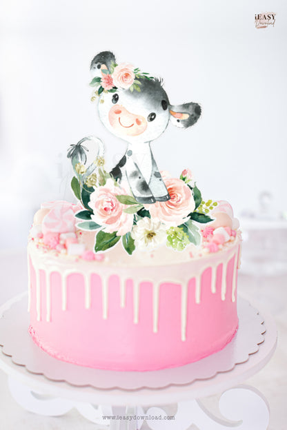 Cow themed 2nd birthday Party for girl cake topper decoration ideas