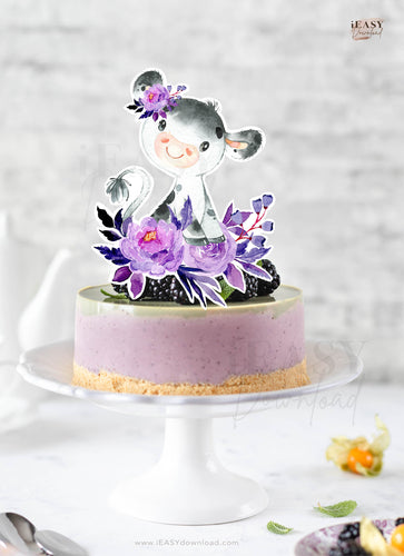 Floral Cow Purple Cake Topper Decoration, print yourself