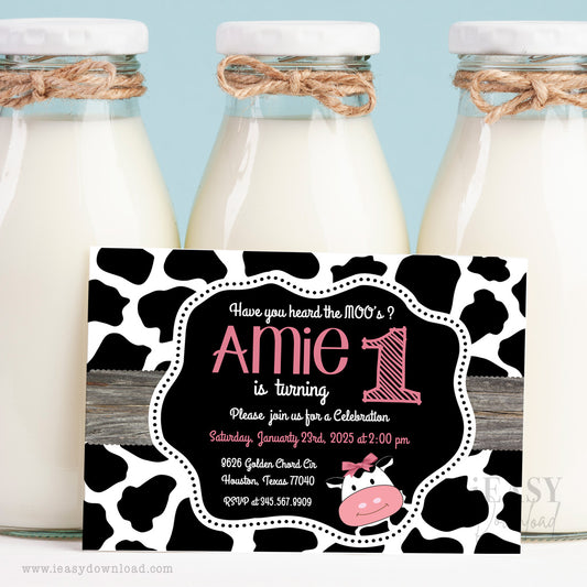 Cute Cow Themed First Invitations for Girl • Moo I am one • Holly Cow I am ONE • Farm Animal Cow Themed • Editable Invite - #TMC29