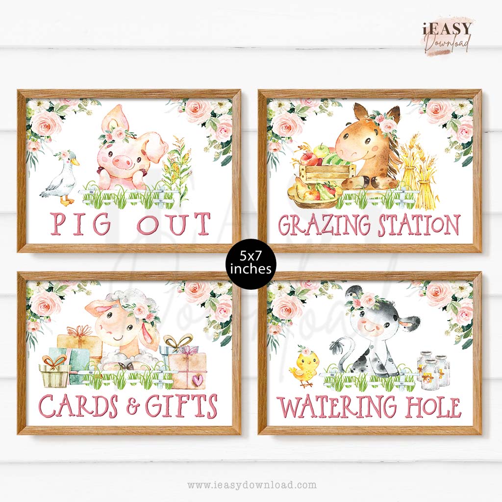 birthday celebration farm animals cow, pig, horse, sheep birthday for giirl Blush pink
