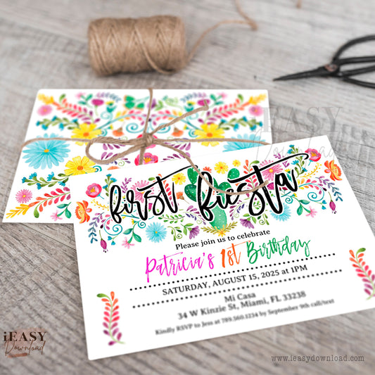First Fiesta Birthday Girl Invitation • Fiesta Mexican Birthday Theme for Girl • Mexican Flowers and Cactus • Editable Invitation - #KFC1