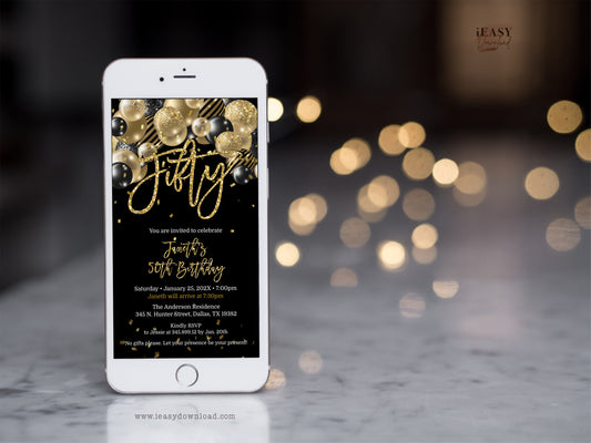 50th Birthday Party • Fifty Birthday Phone Invite • Balloons Black and Gold Theme Party Ideas • SMS text message - #TMC14