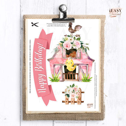 Happy Birthday Pink Floral Farm Animals CenterPiece Decoration • Printable Farm Themed 1st Birthday for Girl - #2A