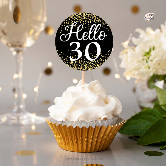 Gold Confetti Hello 30 • Printable Cupcake Topper • 2inches Round - #CPTA