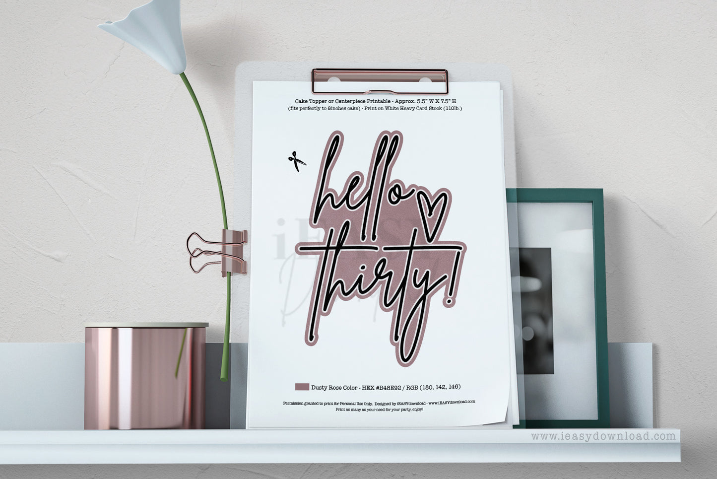 Hello 30 Birthday Decorations  • Dusty Rose - HEX CODE #B48E92 • Minimalist Design • Printable Hello Thirty Birthday Cake Topper for her  - #TMC30