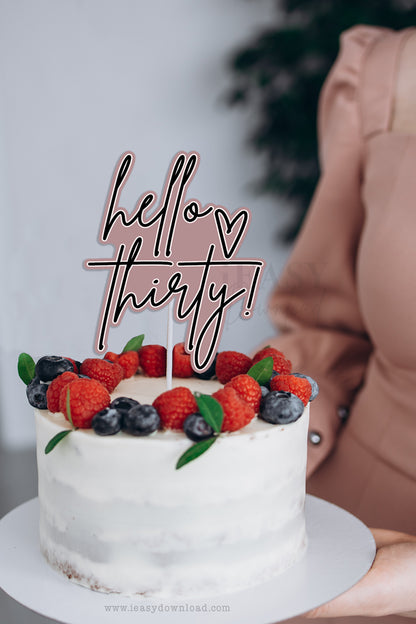 Hello 30 Birthday Decorations  • Dusty Rose - HEX CODE #B48E92 • Minimalist Design • Printable Hello Thirty Birthday Cake Topper for her  - #TMC30