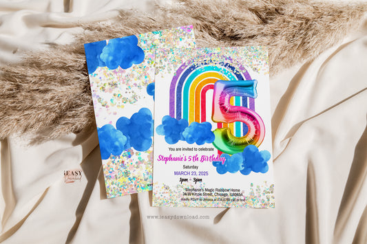 Rainbow 5th Birthday, Editable Rainbow Birthday, Holographic Glitter Invite 5th Birthday invitation, Rinbow balloon for all Ages - #TMC39