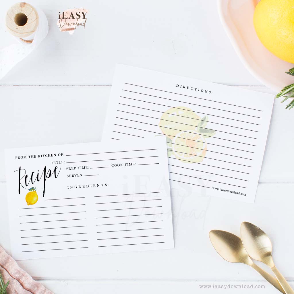 Lemon Recipes Cards Printable • 4x6inches • Watercolor Yellow Lemon Design - #RC1