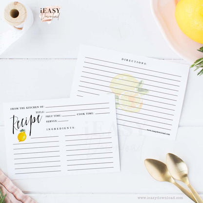 Lemon Recipes Cards Printable • 4x6inches • Watercolor Yellow Lemon Design - #RC1