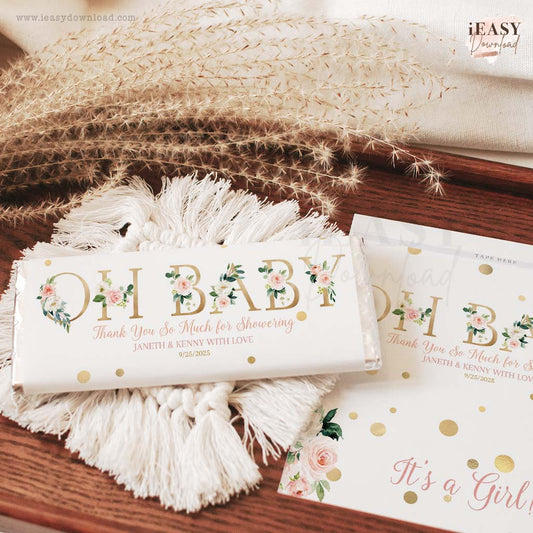 Oh Baby Girl Blush Pink Flower • Baby Shower Chocolate Bar Wrapper Template • Personalise Label - #TMC22