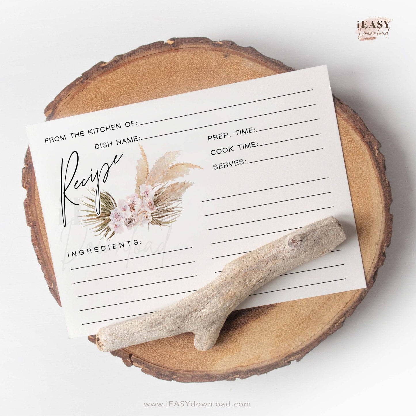 Watercolor Pampas Grass Recipe Cards • Bohemian Pampas Grass Flat Cards Printable • 4x6inches - #RC1