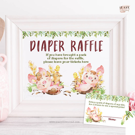 Set of two • Diaper Raffle Tickets and Sign • Two Playful Pigs • Farm Animals Diaper Tickets and Sign - #TMC32