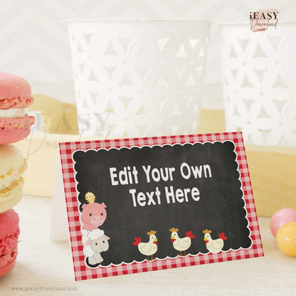 Editable Tent Cards Set of 4 • Farm Animals Themed Food Menu • Red Gingham Template Cards - #2A