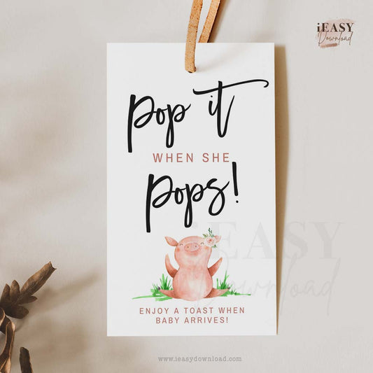 Pop It When She POPS Baby Shower Tags • Pig Baby Shower for Girl • Baby Shower Farm Themed Ideas • with Pink Flower - #POP3