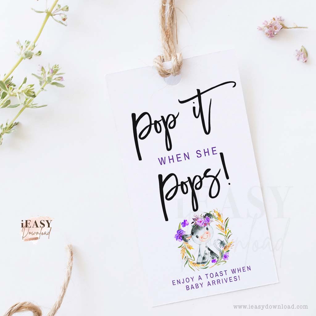 Pop it when she pops! Cow Themed with Purple Flowers Baby Shower Party