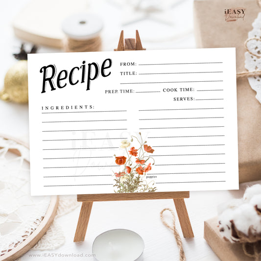 Poppies Recipe Cards • 4x6inches • Watercolor Vintage Botanical Floral Printable - #RC1