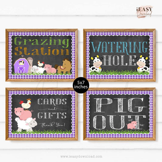 Purple Themed Party for Girl • Farm Animal Birthday Celebration and Baby Shower • Set of 4 Purple Gingham Farm Signs • 5x7inches - #GR6