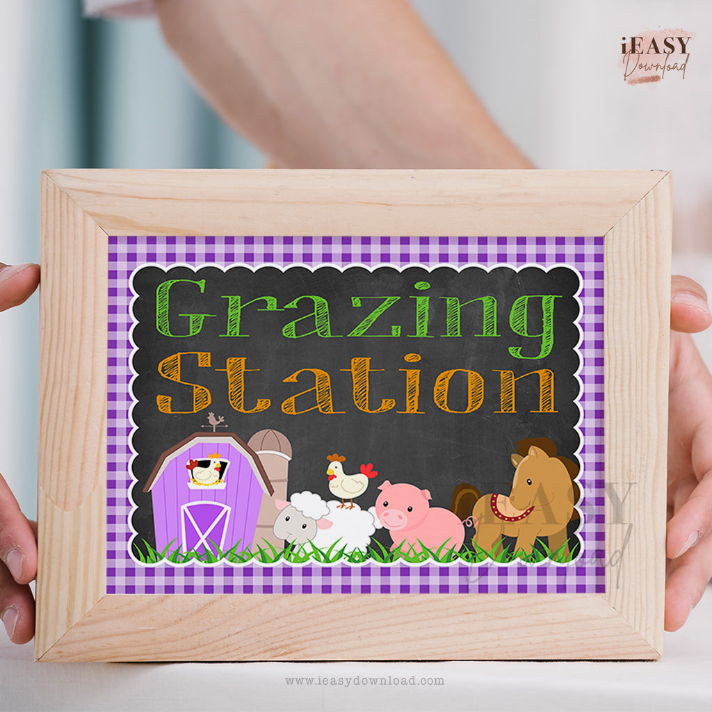 purple gingham farm themed grazing station party sign 5x7inches