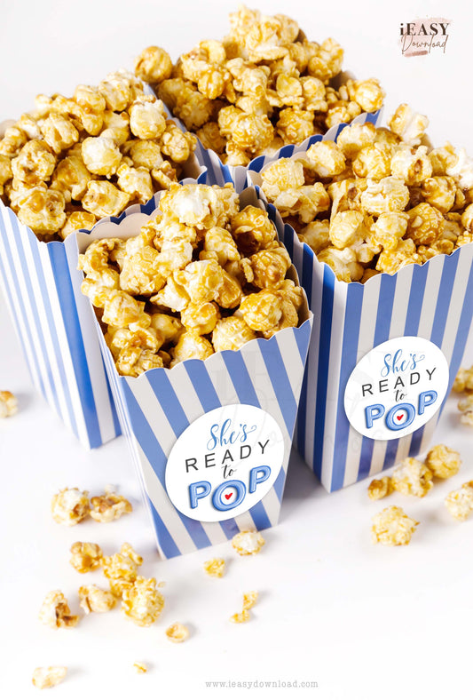 Baby Shower POP Corn Stickers for Boy • She is Ready to Pop Favor Labels • 2inches Round for Avery® 22807™ - #POP3