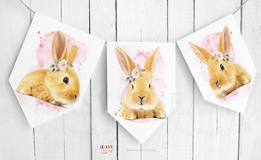 3 flag bunting banner bunny animal printable for a baby shower girl or 1st bithday