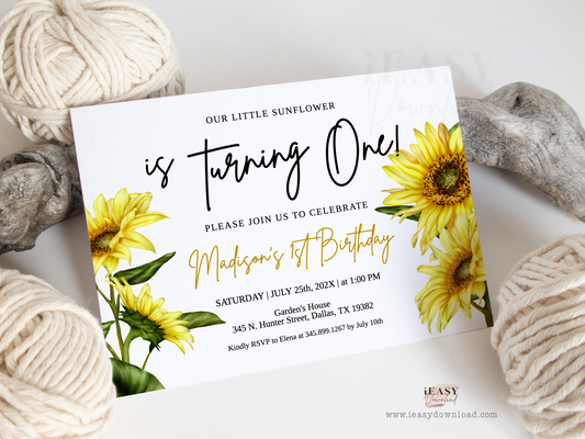 1st birthday Sunflower Themed Invitation