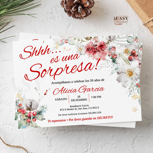 Winter Floral Birthday Spanish Invitation