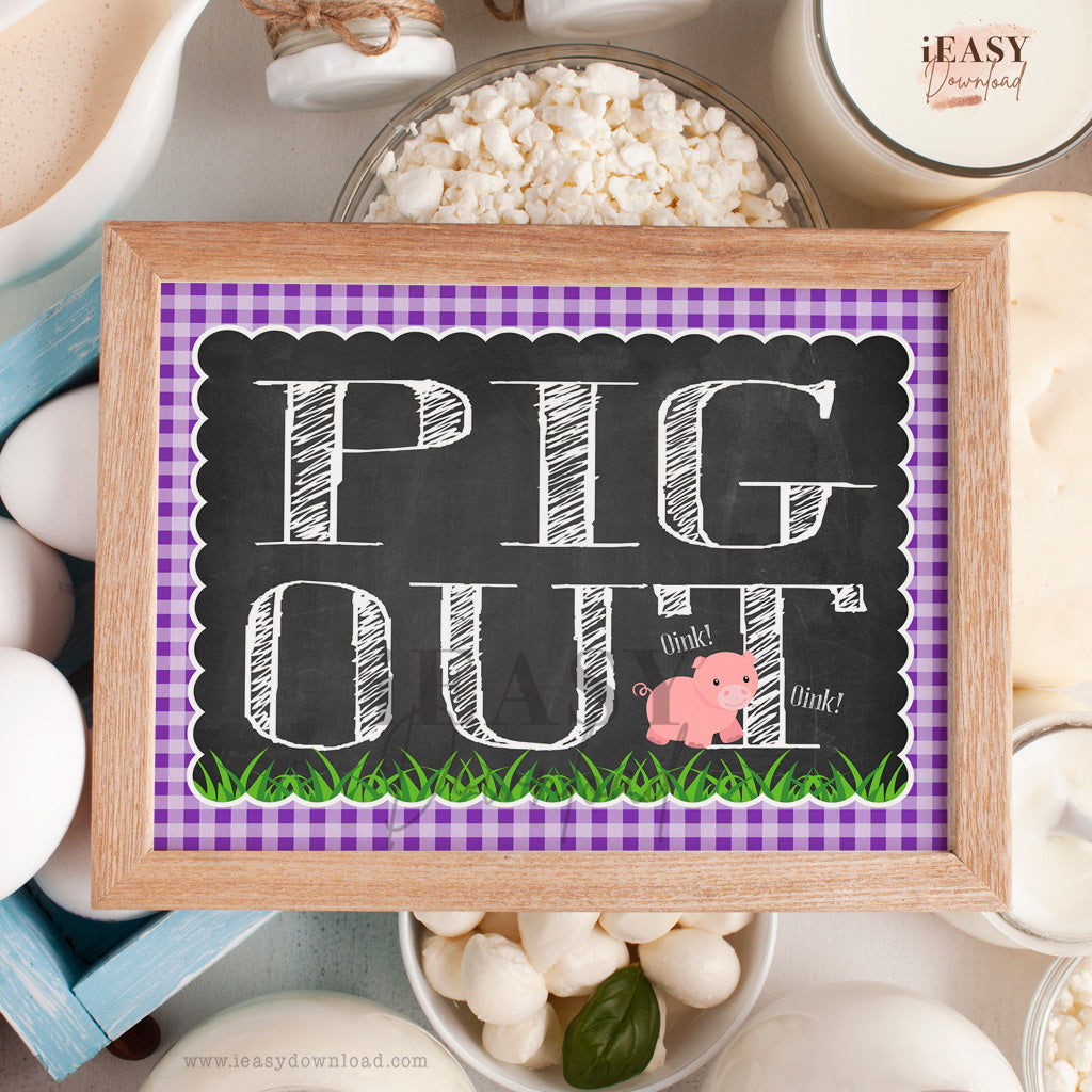 Purple farm themed birthday party - Pig out Party sign for girl