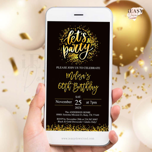 Black and Gold Party Invitation Template • 60th Birthday Phone Invite • Black and Gold Theme Party Ideas • SMS text message - #TMC14