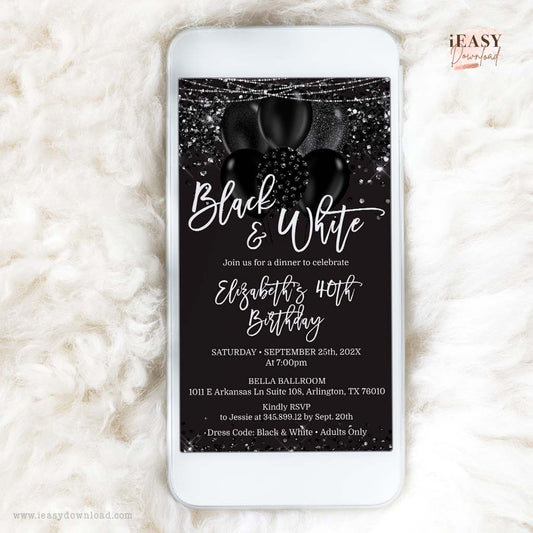 Black and White Party Invitation Template • 40th Birthday Phone Invite • Black and White Party • Electronic Evite for Cell Phone - #TMC14
