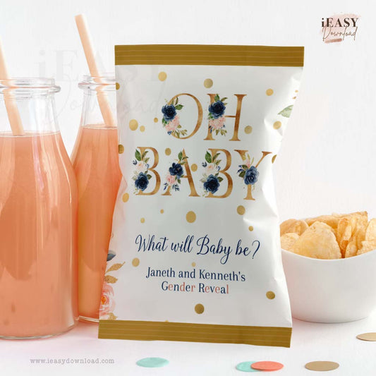 OH BABY Gender Reveal Navy and Blush Pink Themed Chip Bag