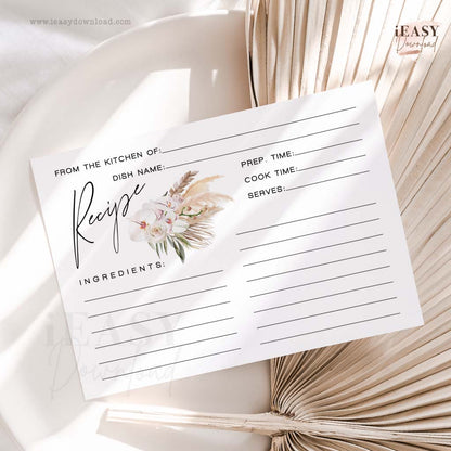 Boho Pampas Grass Recipe Cards Printable • 4x6inches • Watercolor Bohemian Pampas Grass Design - #RC1