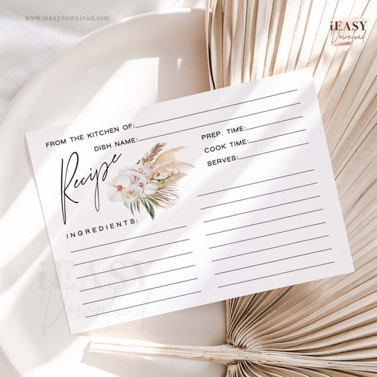 Boho Pampas Grass Recipe Cards Printable • 4x6inches • Watercolor Bohemian Pampas Grass Design - #RC1