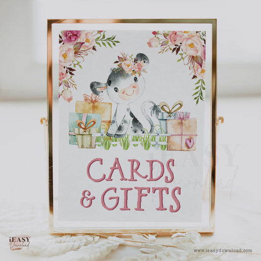 cow themed baby shower party favors, cards and gifts table sign print yourself