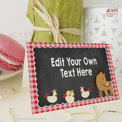 Editable Tent Cards Set of 4 • Farm Animals Themed Food Menu • Red Gingham Template Cards - #2A