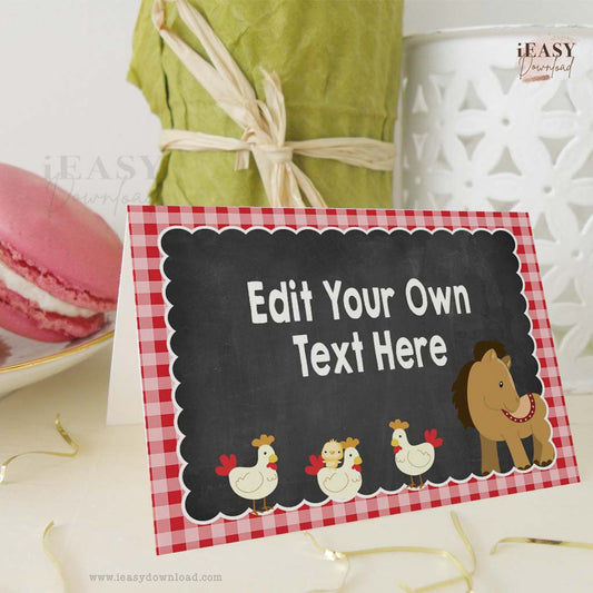 Editable Tent Cards Set of 4 • Farm Animals Themed Food Menu • Red Gingham Template Cards - #2A