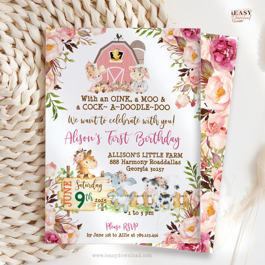 Farm Animal First Birthday Party Girl • Cow, Sheep, Pig, Horse, Goat • Pink Barnyard Farm Animal Themed • Editable Invite - #TMC32