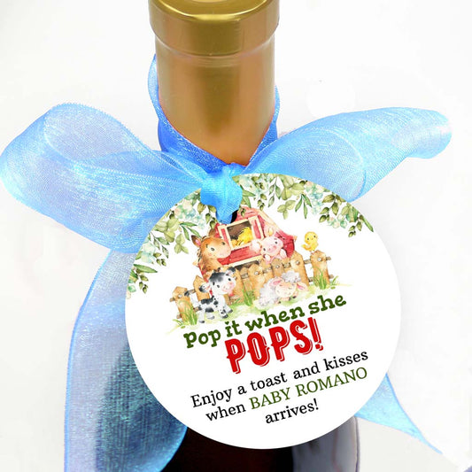 Pop It When She Pops Champagne Tag, Champagne Baby Shower Party Favor, Farm Animals Themed