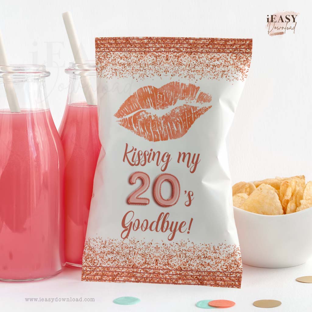 Kiss My 20s Goodbye Chip Bag Template • Rose Gold Confetti Birthday Themed • Adult Birthday Chip Bag Template - #TMC1