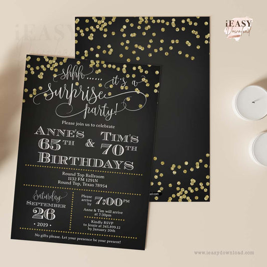 invitations for joint birthday party, gold and black design, editable template for birthday invitation