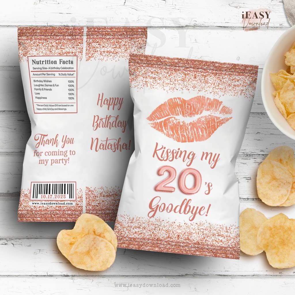 Kiss My 20s Goodbye Chip Bag Template • Rose Gold Confetti Birthday Themed • Adult Birthday Chip Bag Template - #TMC1