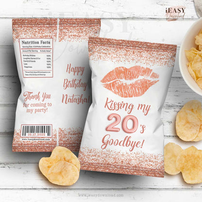 Kiss My 20s Goodbye Chip Bag Template • Rose Gold Confetti Birthday Themed • Adult Birthday Chip Bag Template - #TMC1