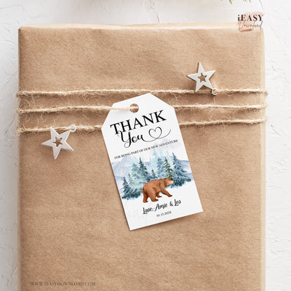 Editable Adventure Bear Favor Gift Tag, Baby Shower Winter Tags, Mountain, Bear, Pine Trees, New Adventure, Trail Mix Tags Template - #WDT1
