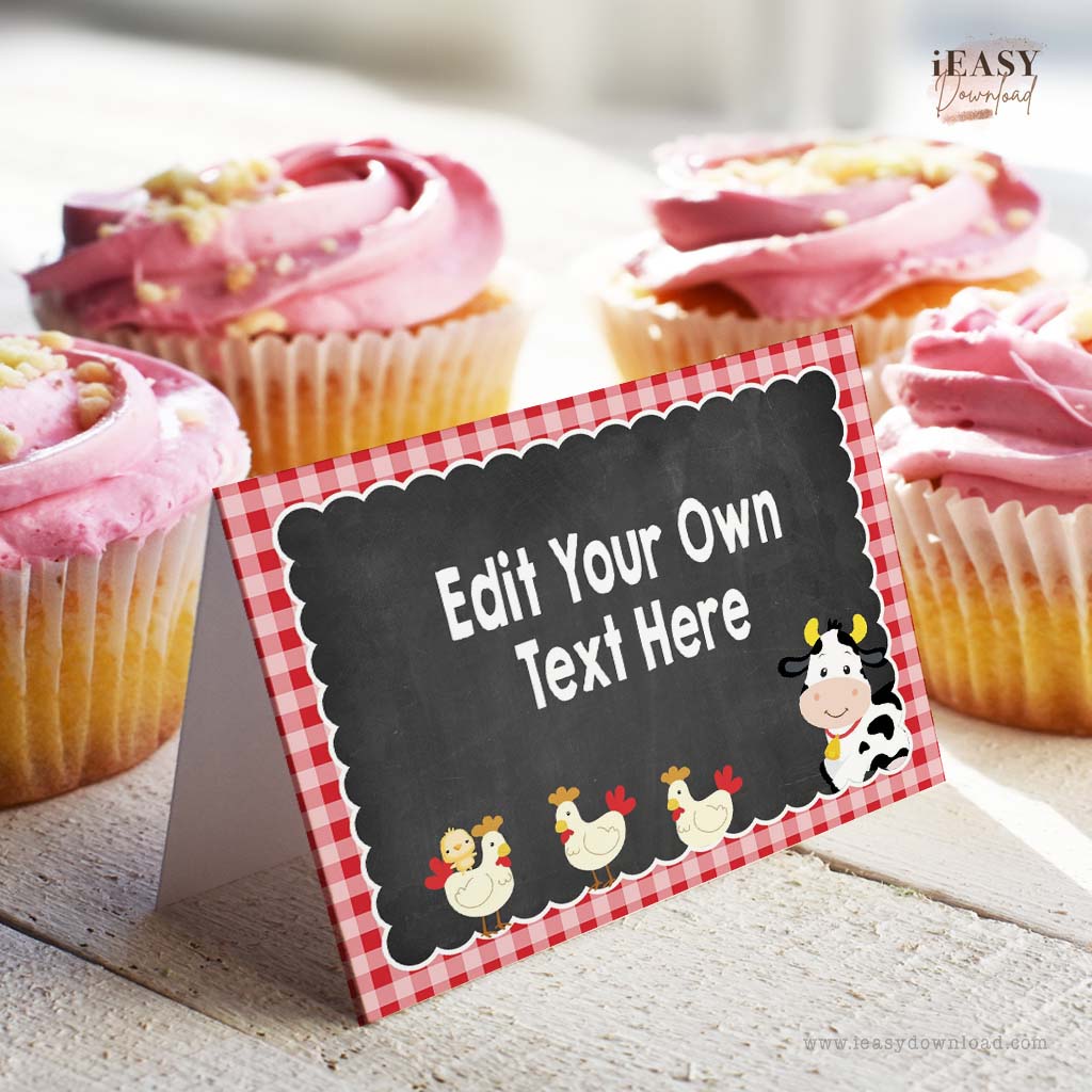 Editable Tent Cards Set of 4 • Farm Animals Themed Food Menu • Red Gingham Template Cards - #2A