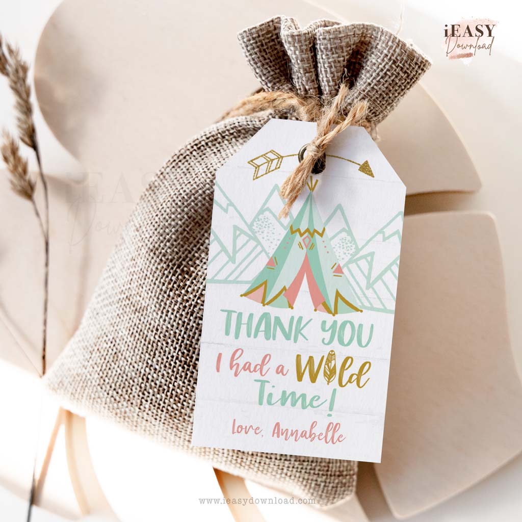 tepee birthday party, thank you favor tags