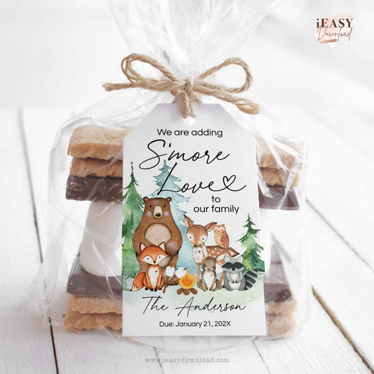 We are adding Smore Love to our family, woodland themed baby shower gift tags